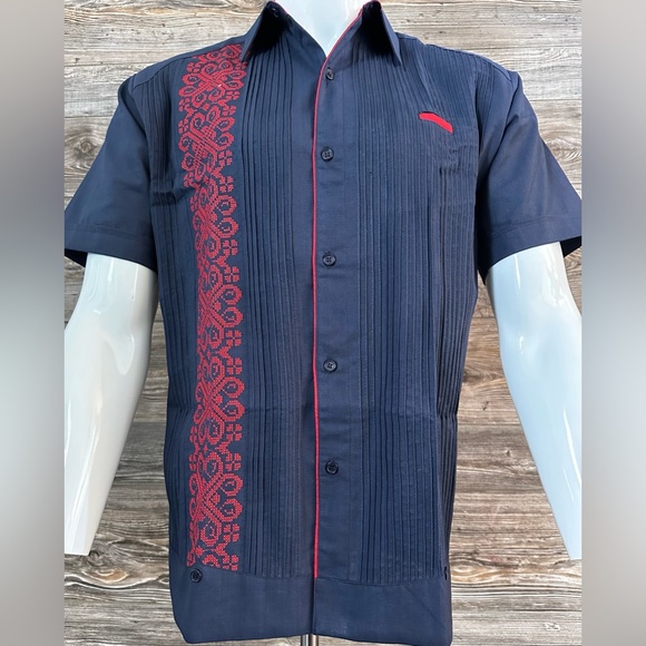 Casanova Mexican Guayabera Casual Shirt Navy Blue Short Sleeve Red Embroidery - Picture 9 of 11